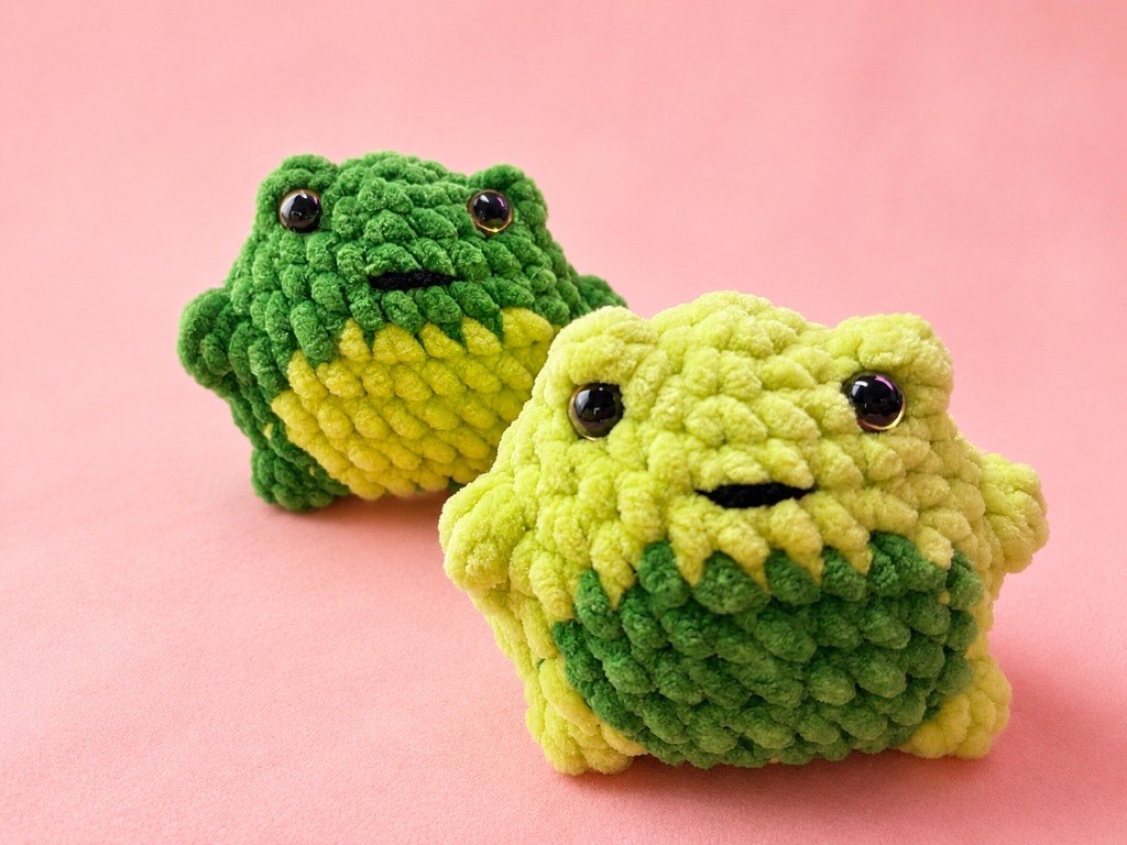 Handmade crochet frog plushies by Amy
